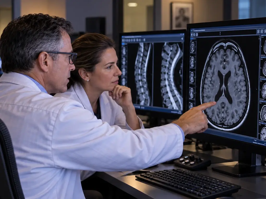 Two radiologists reviewing MRI studies together at a reading station