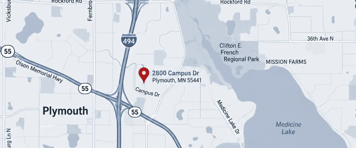 Map showing Imaging Center of Plymouth at 2800 Campus Drive, near Highway 55 and I-494